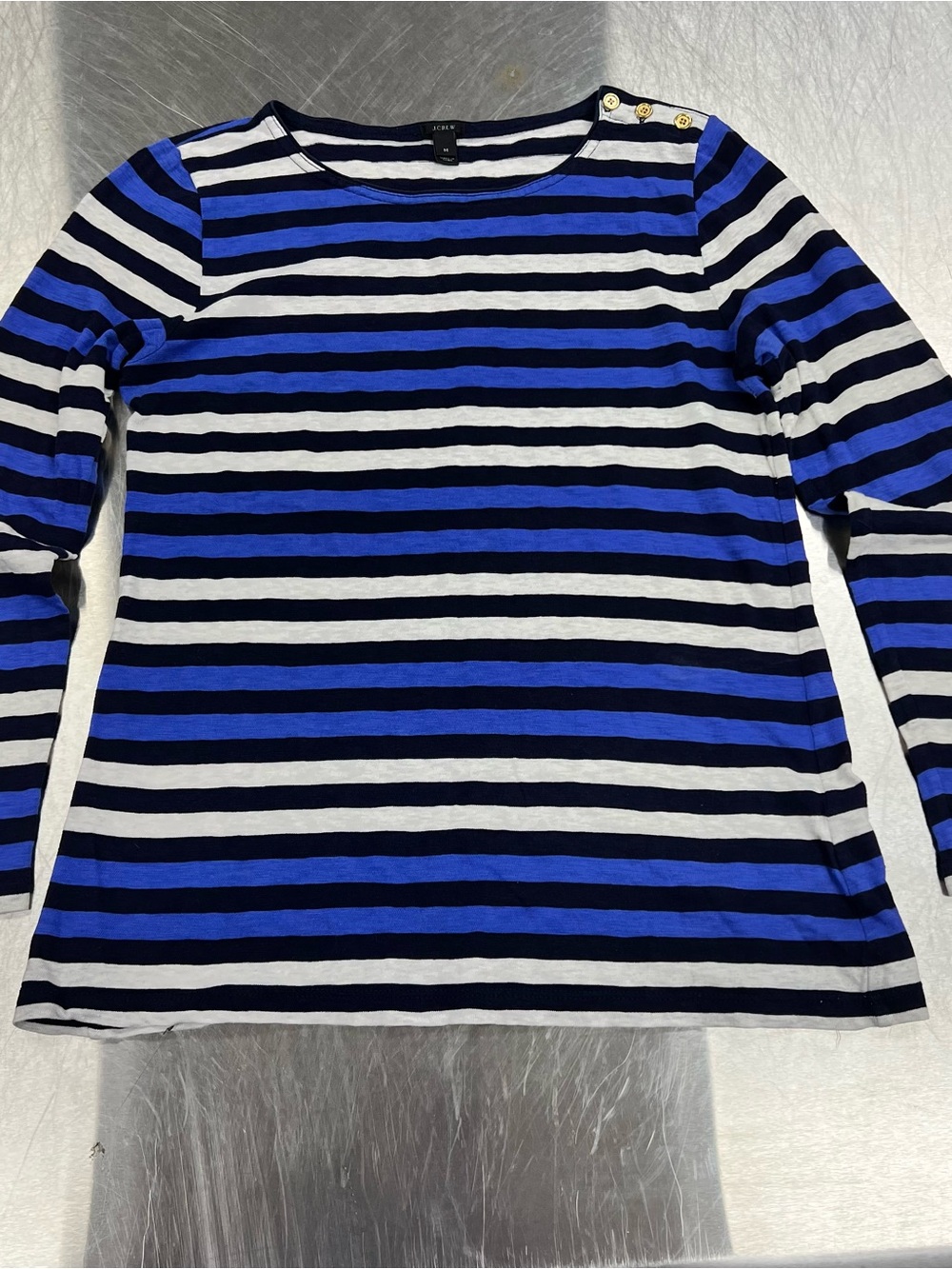 J. Crew Navy, Royal Blue & White Striped Top w/ Gold Button Accents